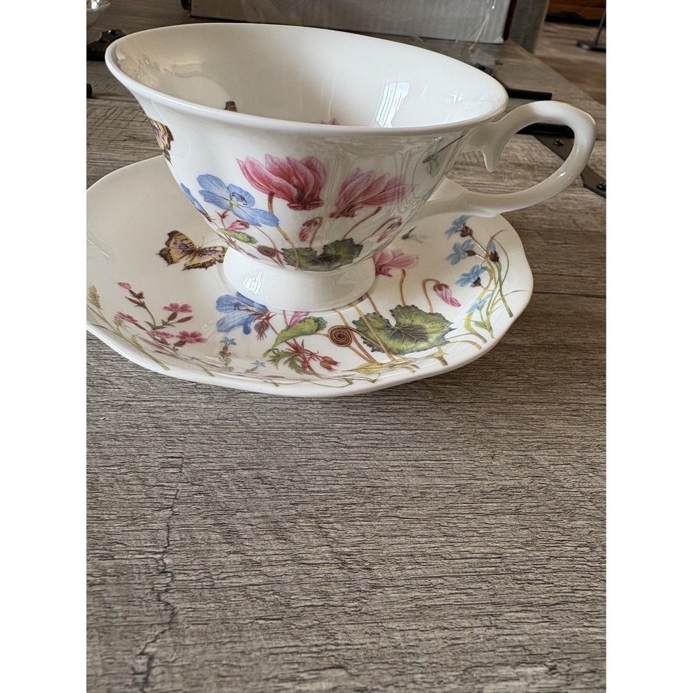 Stechcol Gracie Bone China Floral Butterfly Teacup Saucer Set Coastline Imports
